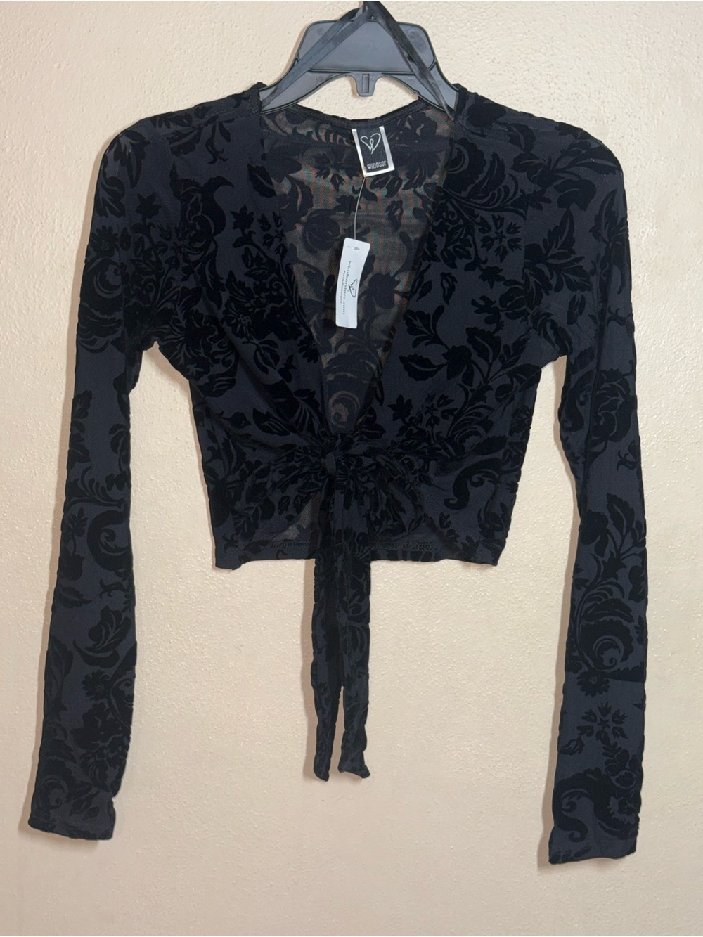 NWT Windsor Store Black Velvet Floral Burnout Tie-Front LS Crop Top